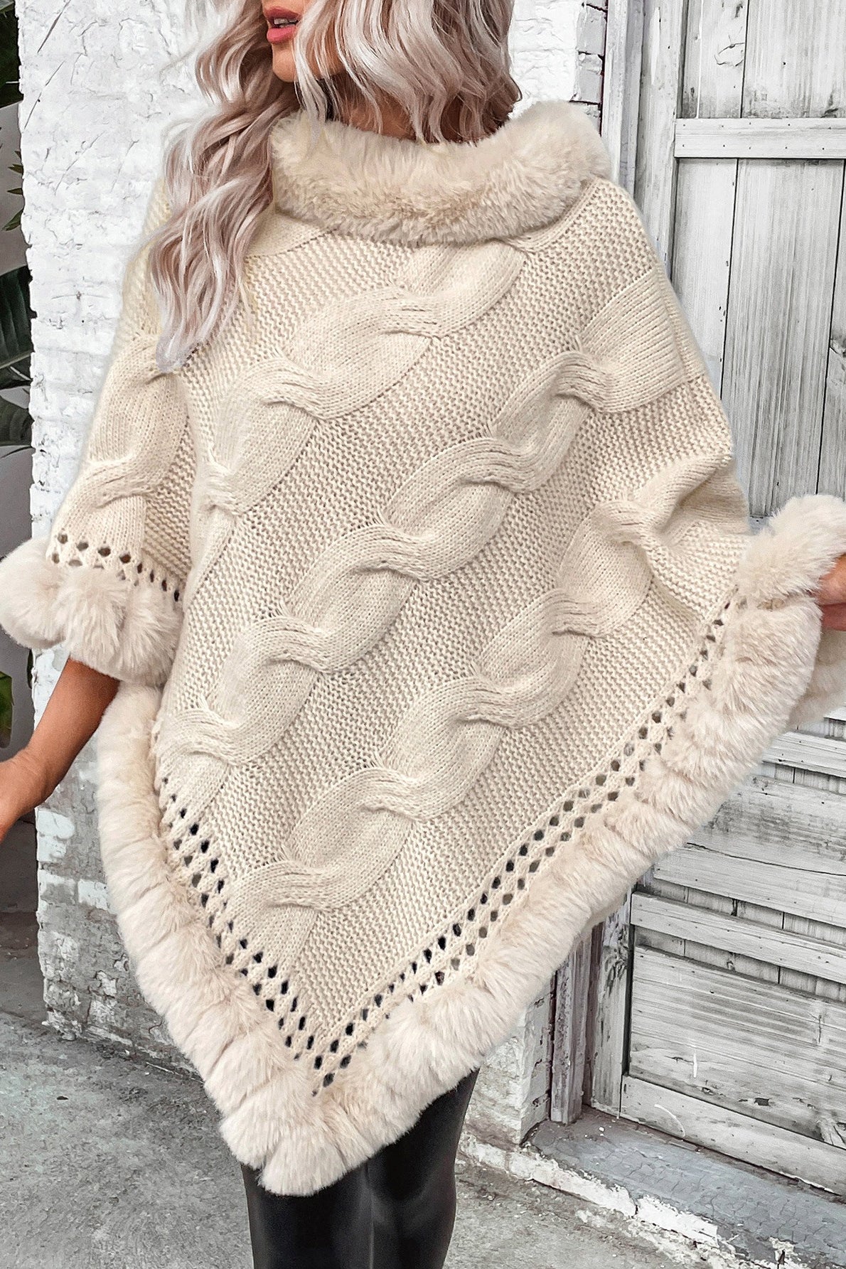 Elegant Vintage Cable Knit Poncho Coat with Fleece Collar