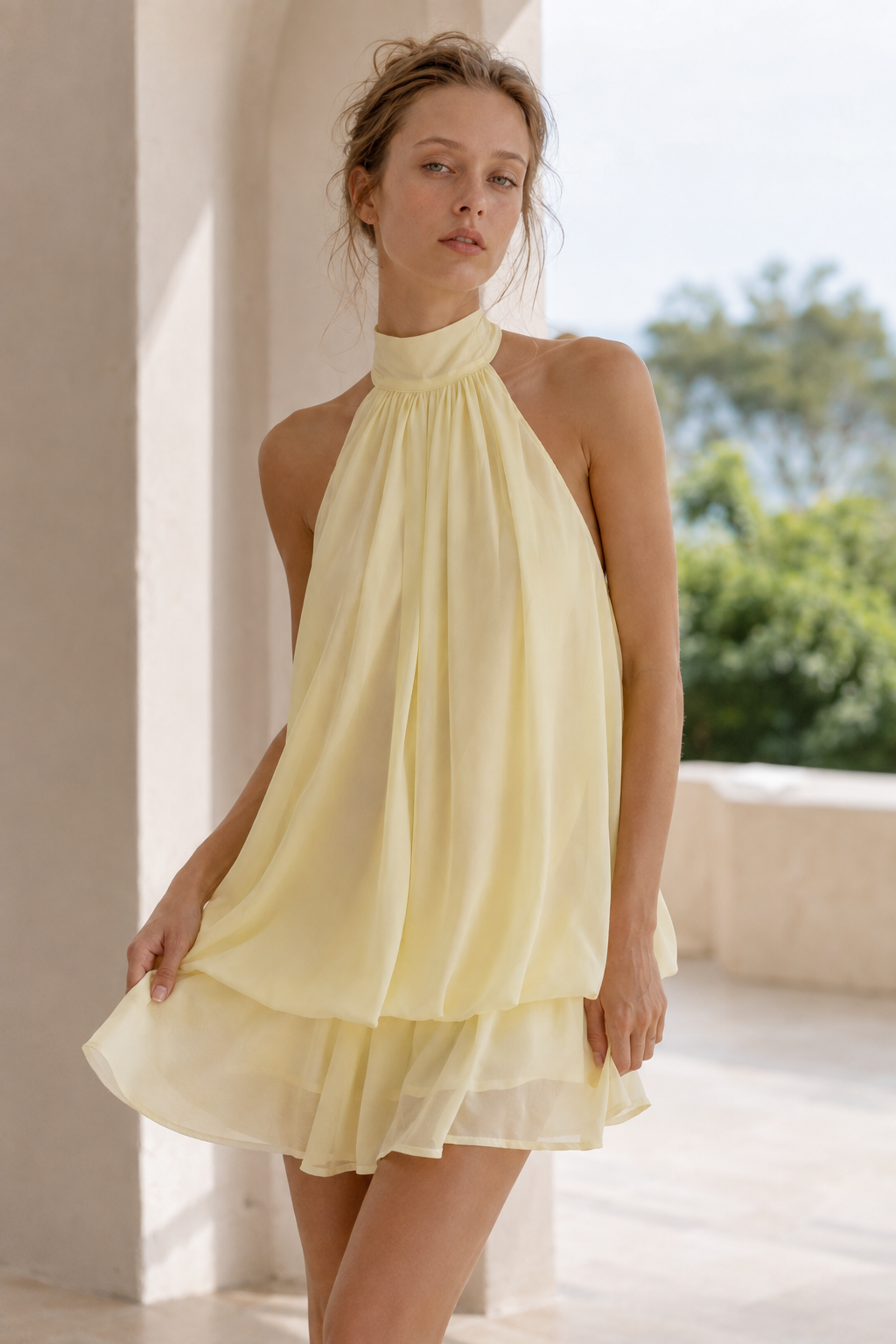 Chiffon Halter Neck Sleeveless Tiered Swing Mini Dress