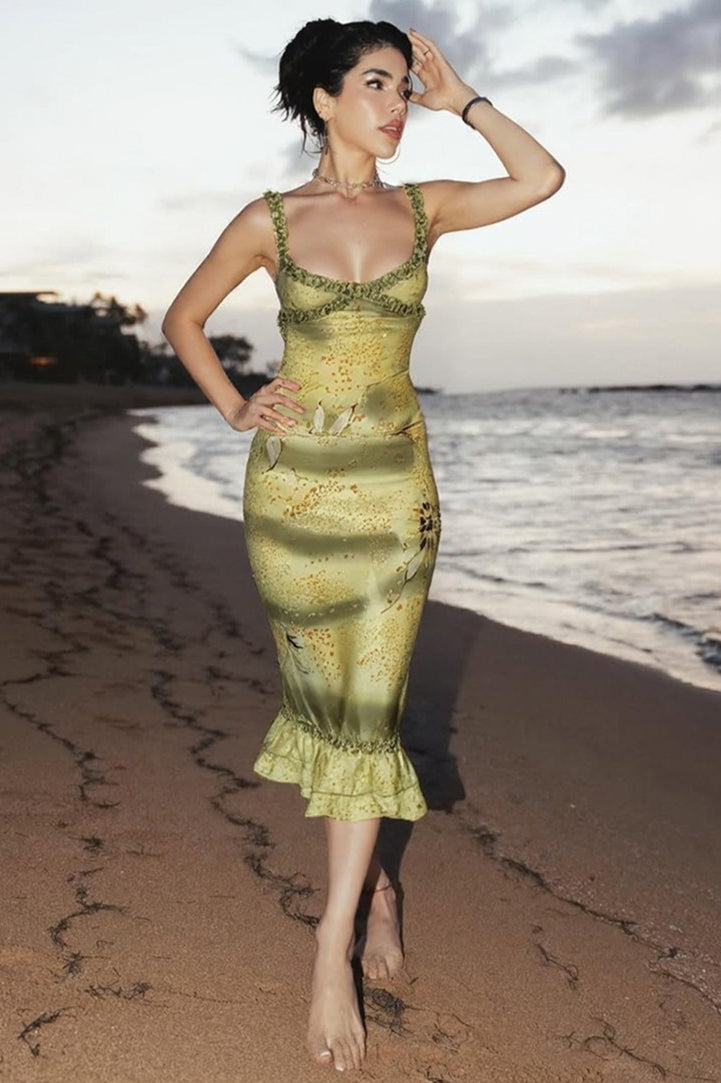 Floral Print Satin Ruffle Strap Midi Dress