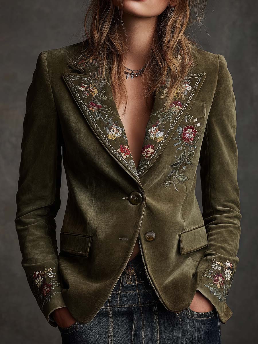 Floral Embroidered Peak Lapel Velvet Blazer