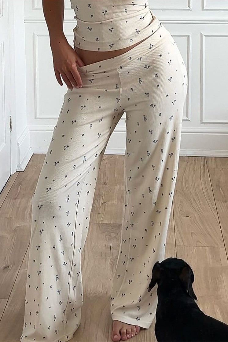 Floral Sleeveless Crop Top Floral Wide Leg Pants Two Piece Set