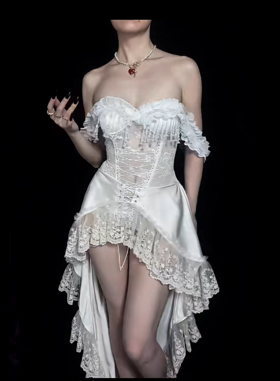 Off The Shoulder White Lace High Low Prom Dress Evening Party Dress - Fashionpara