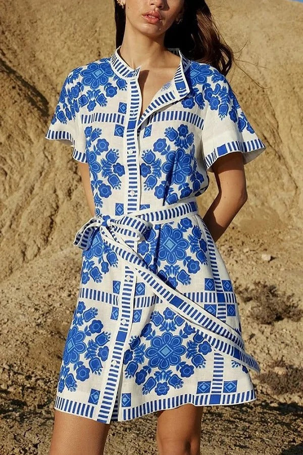 Unique Print Short Sleeve Button Tie Waist Mini Dress - Fashionpara