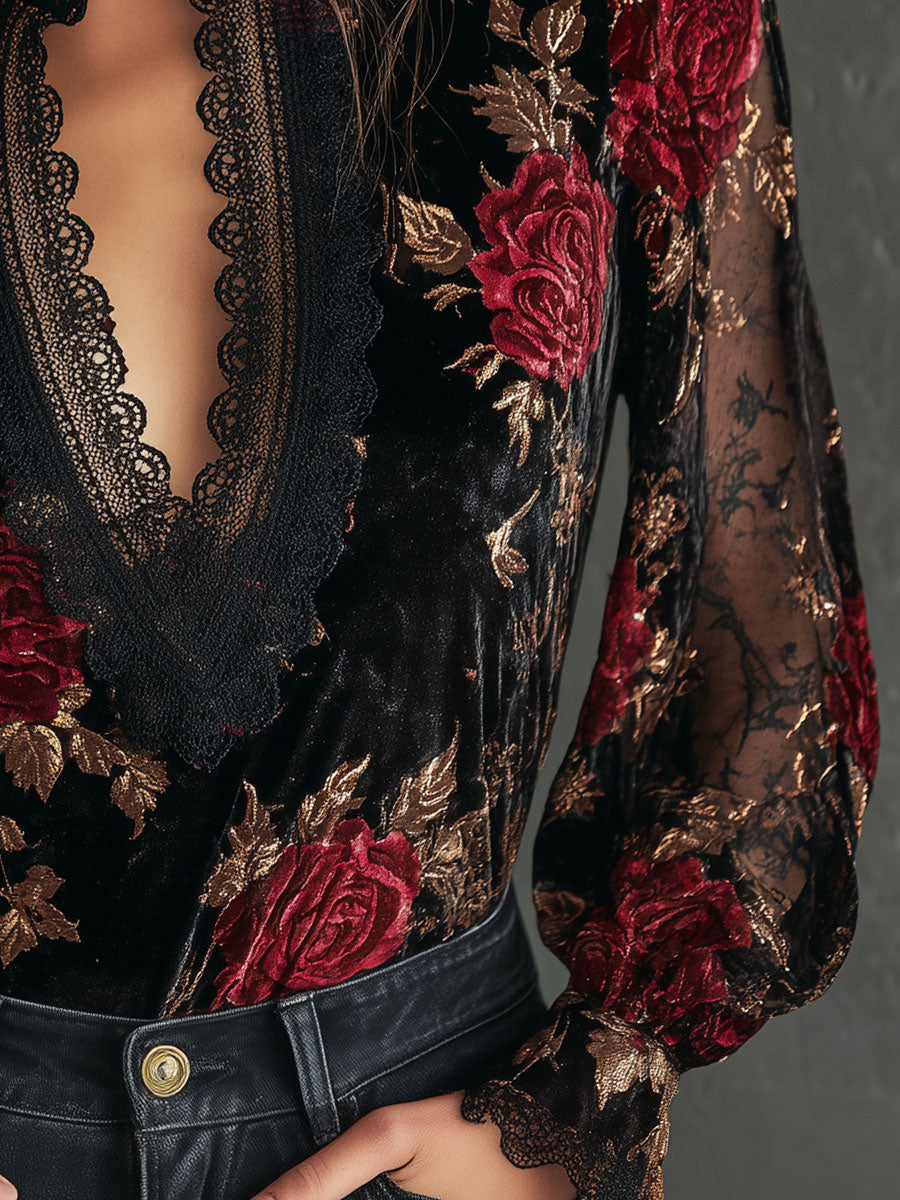 Retro Lace Stitching Velvet Rose Print Lantern Sleeves Blouse - Fashionpara