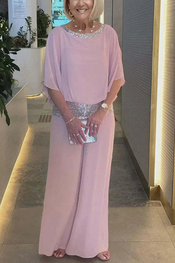 Stylish Sequin Patchwork Dolman Sleeve Top and Elastic Waist Wide Leg Pants Set