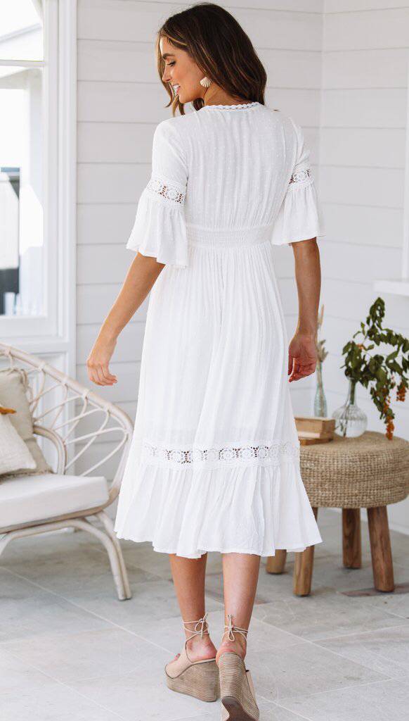 V-Neck Flutter Sleeve Crochet Lace Tiered Midi Dress