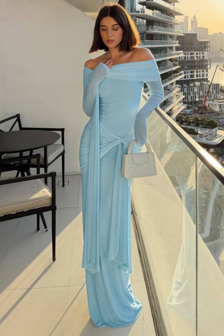 Off Shoulder Long Sleeve Draped Wrap Maxi Gown 4