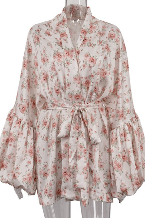 Rose Floral Satin Wide Sleeve Wrap Dress