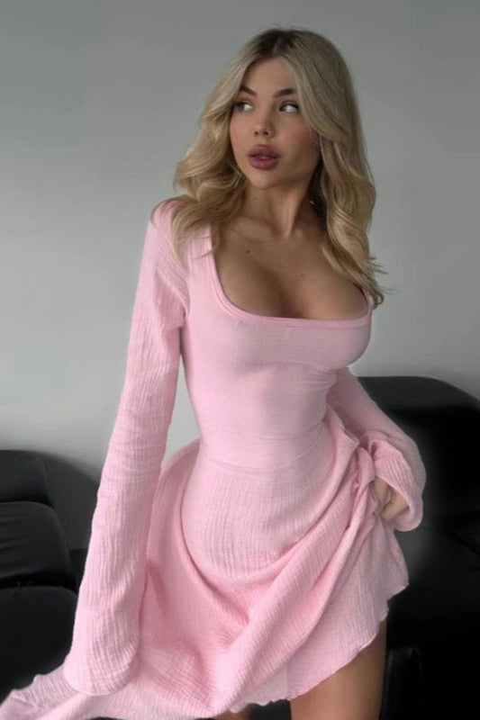 Elegant Fitted Long Sleeve Square Neck A-Line Party Dress