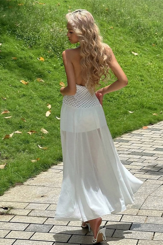 Floral Print Polka Dot Backless Tie Maxi Dress - Fashionpara