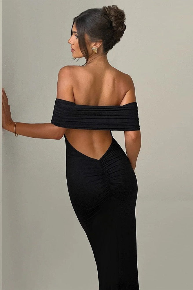 Off Shoulder Backless Ruched Bodycon Maxi Dress