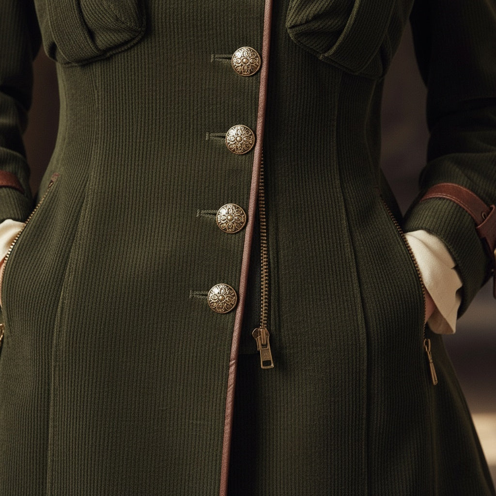 Forest Green Military-Inspired Coat with Plaid and Leather Accents - Fashionpara