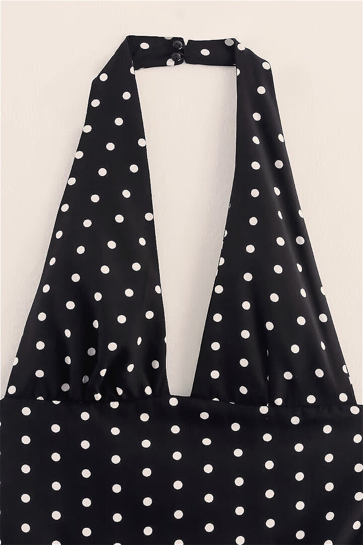 Polka Dot Halter Neck Plunge Tiered Skater Mini Dress