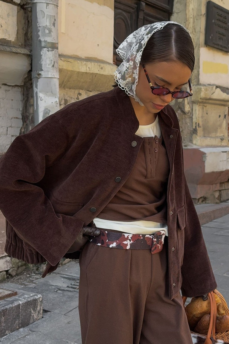 Coffee Corduroy Stand-Collar Loose Jacket