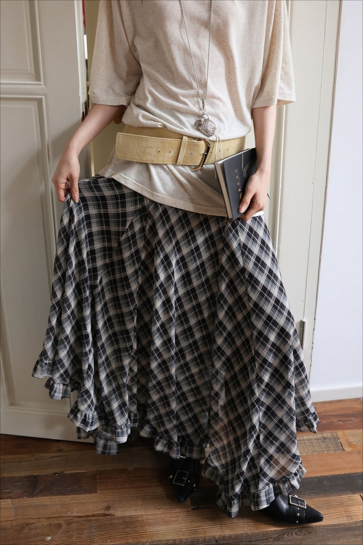 Plaid Asymmetric Ruffle Midi Skirt