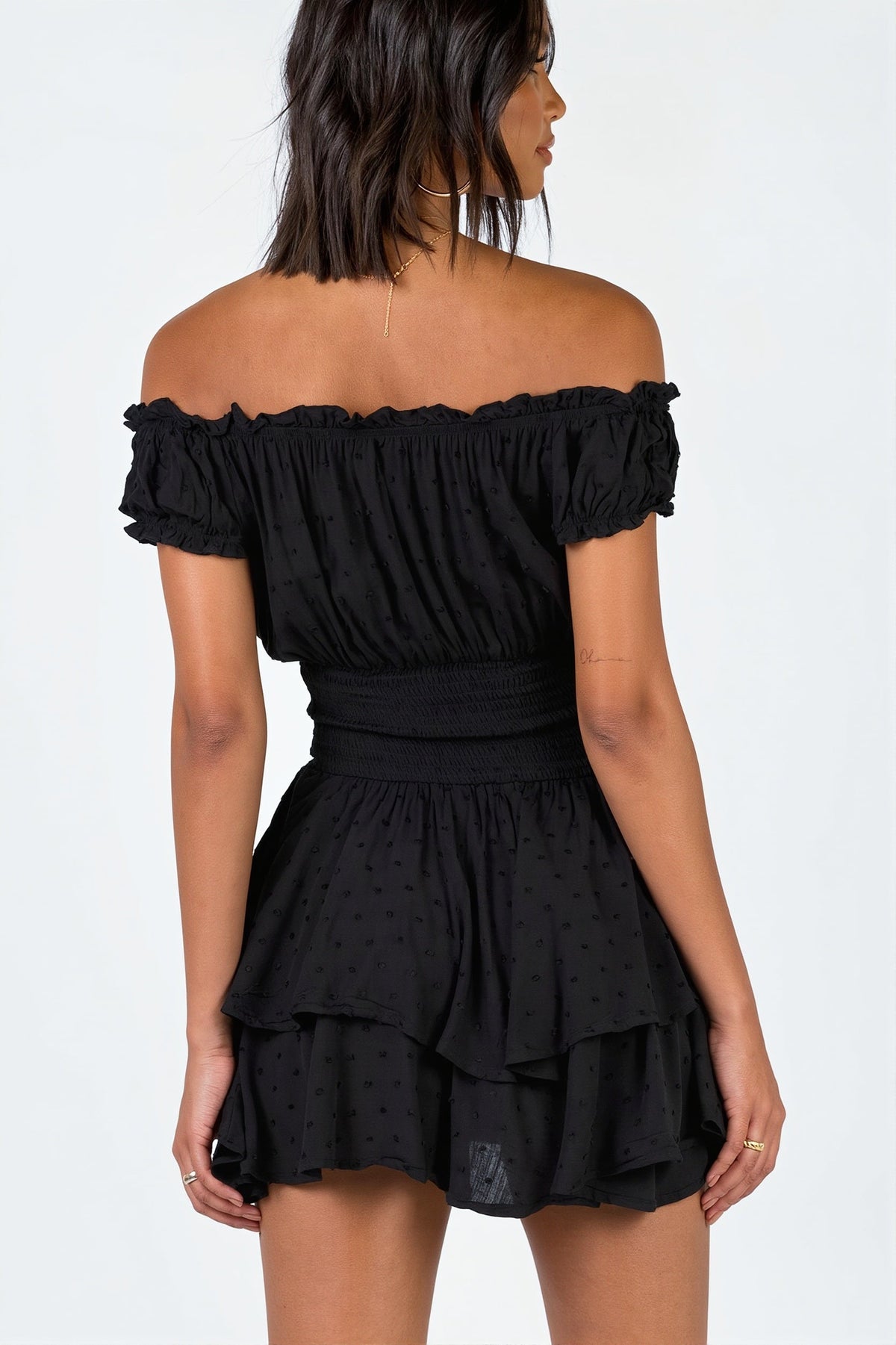 Swiss Dot Off Shoulder Smocked Ruffle Mini Dress