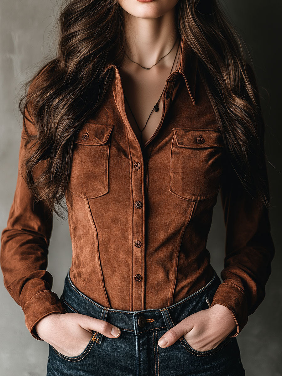 Chic Chestnut Microsuede Button-Up Corset Shirt - Fashionpara