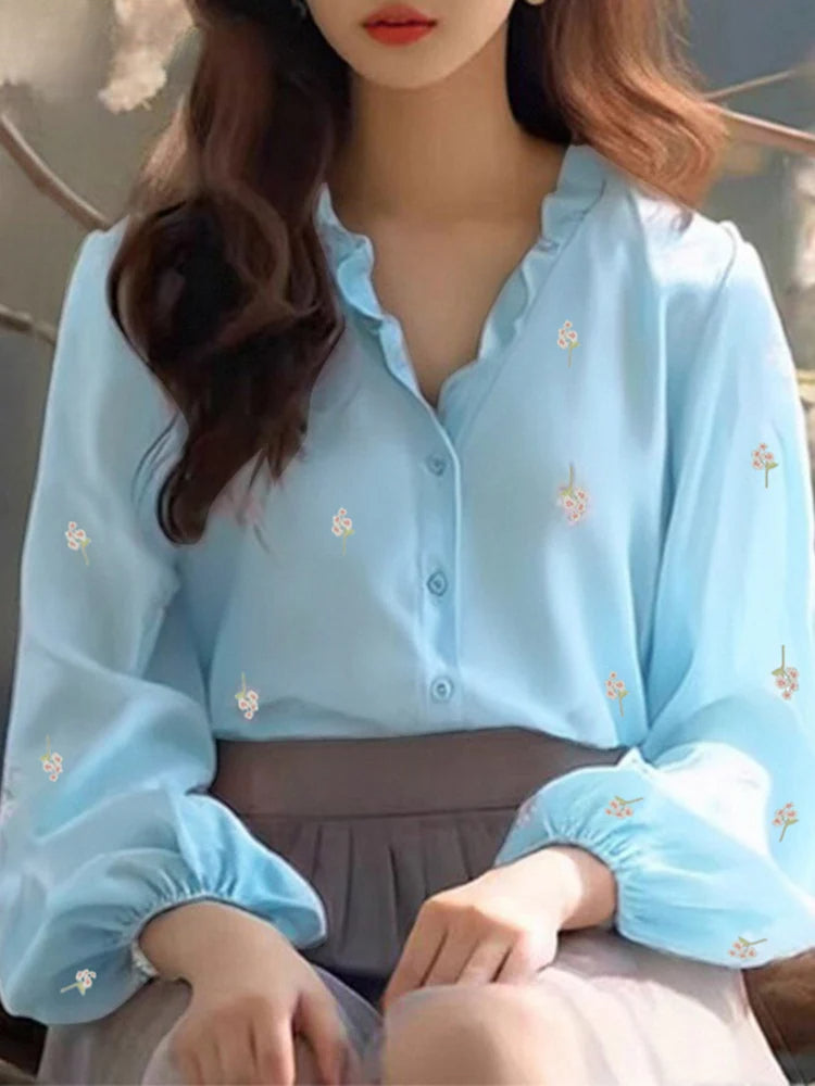 Floral Print Ruffle Collar Blouse Casual Tunic