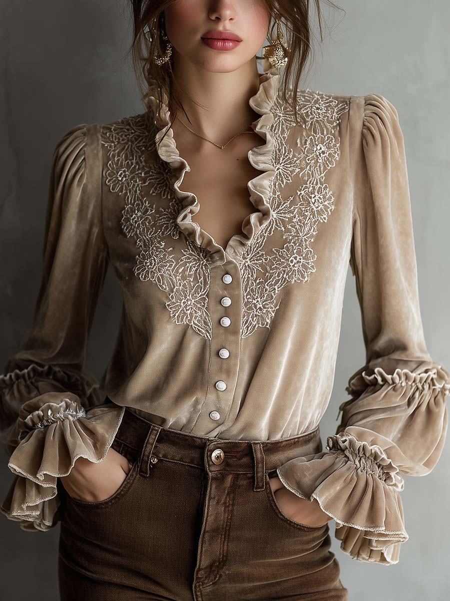 Champagne Beige Floral Embroidered Ruffled Velvet Shirt - Fashionpara