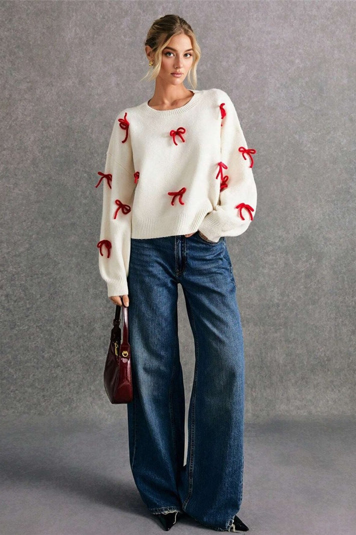 Loose Fit Red Bow Pullover Sweater