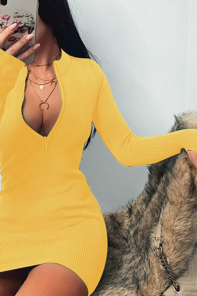 Ribbed Knit Zip-Front Long Sleeve Bodycon Mini Dress