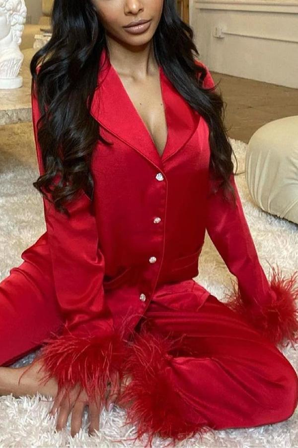 Solid Color Lapel Feather Trousers Two-piece Suit - Fashionpara