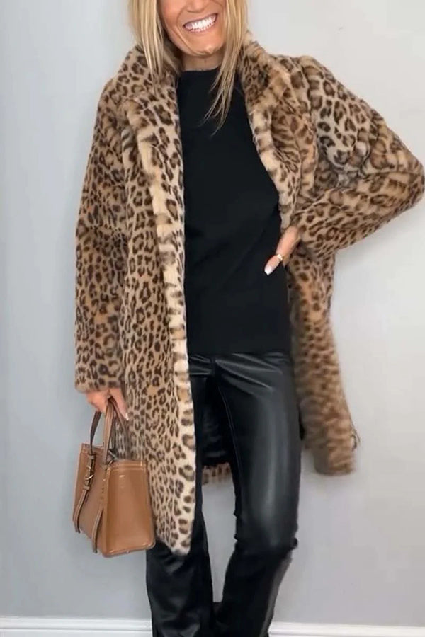 Lapel Leopard Print Plush Coat for Elegant Mid-Length Style