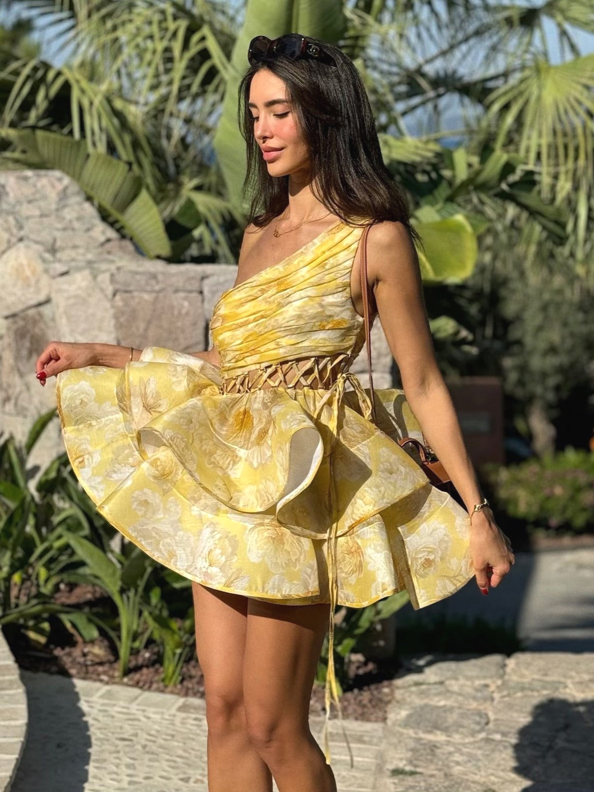 One Shoulder Hollow Ruffle Floral Dress