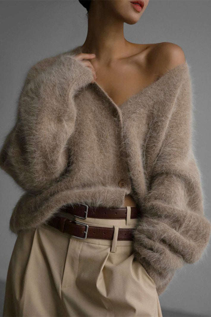 V-Neck Fluffy Knit Cardigan Sweater 40