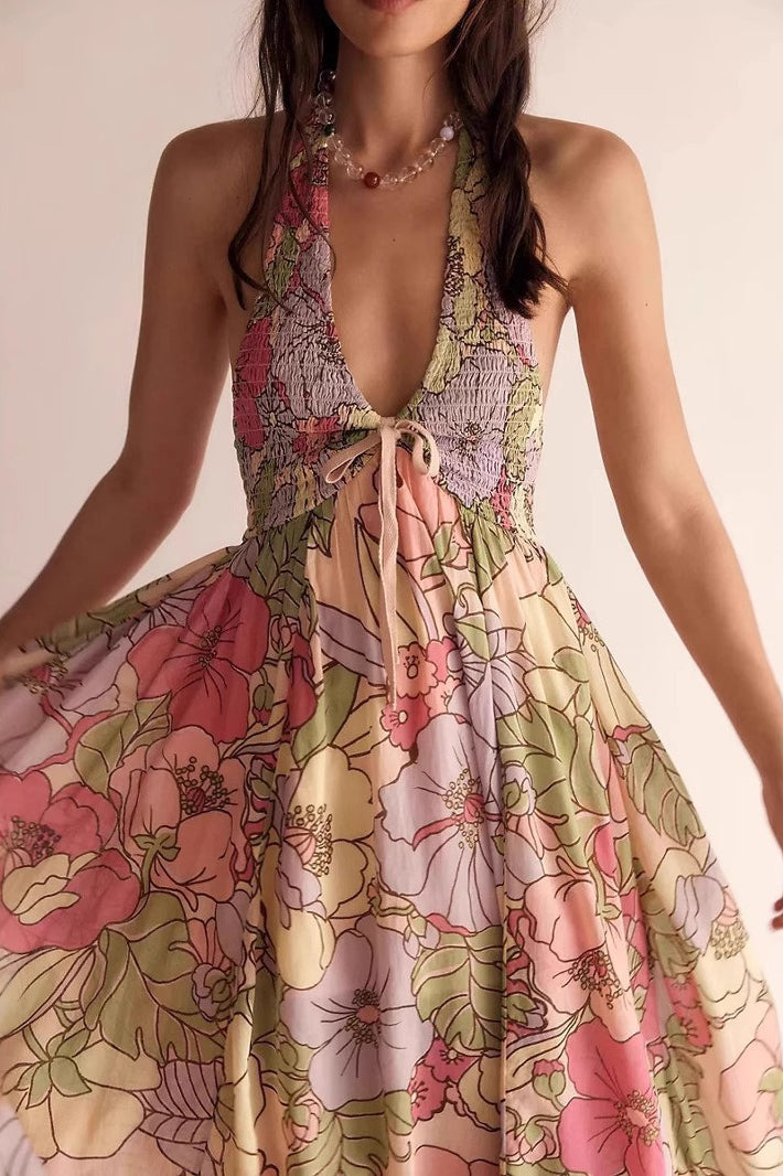 Floral Print Halter Plunge Smocked Bodice Dress