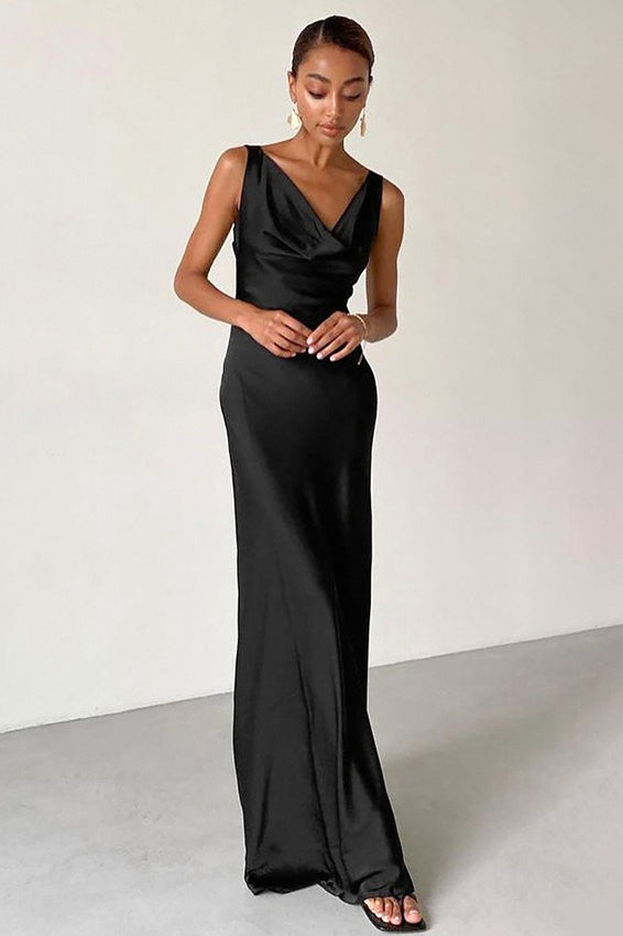 Satin Cowl-Neck Sleeveless Bodycon Maxi Dress