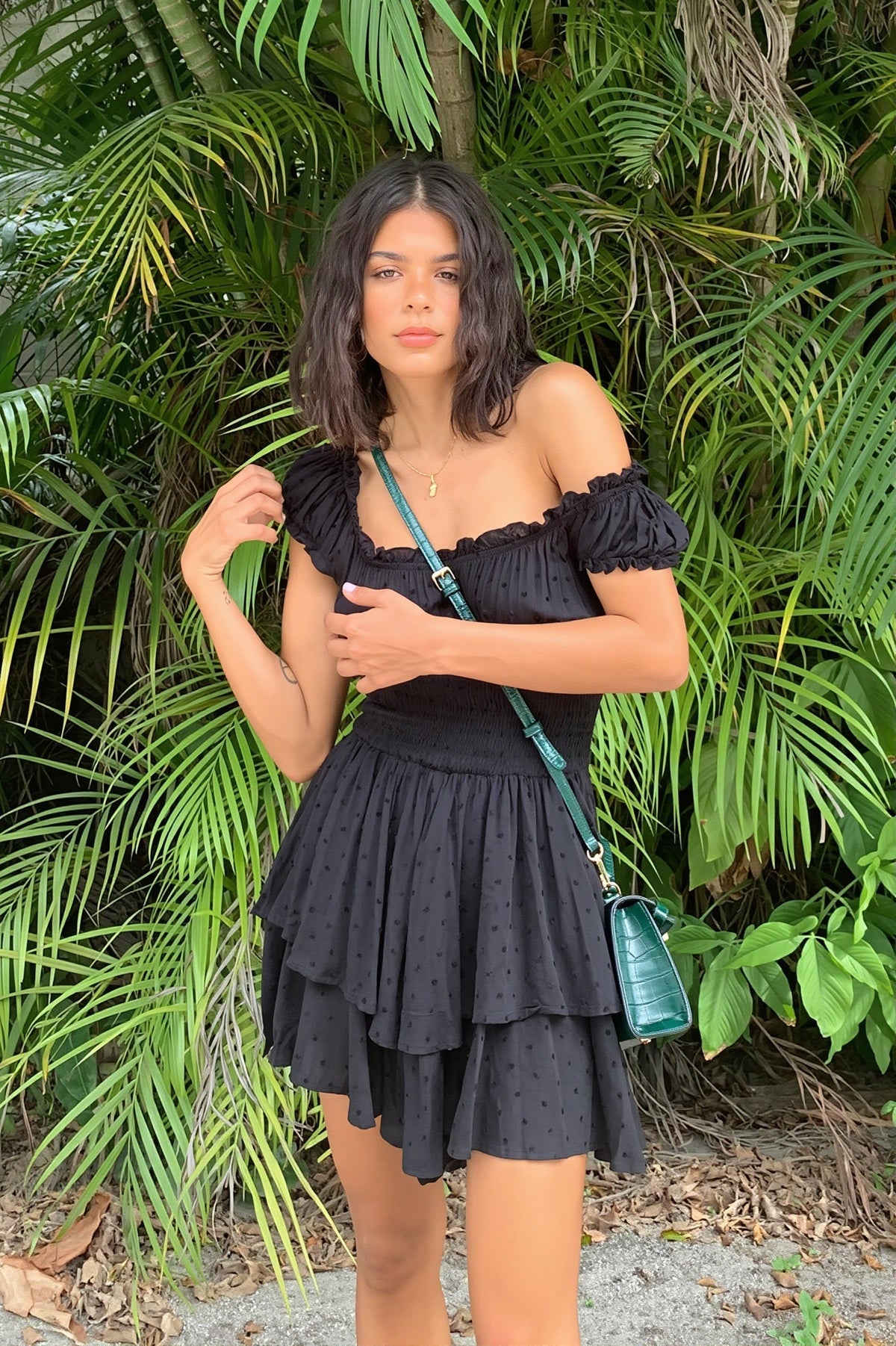 Swiss Dot Off Shoulder Smocked Ruffle Mini Dress