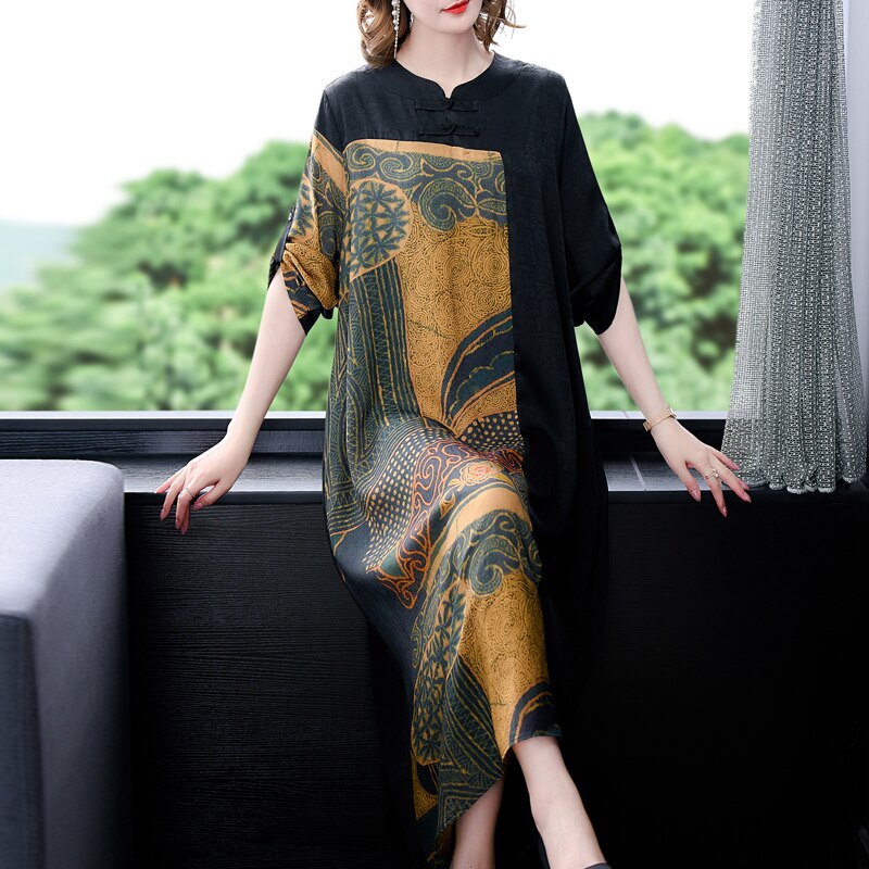 Patchwork Print Mandarin Collar Three-Quarter A-Line Midi Dress - View 2