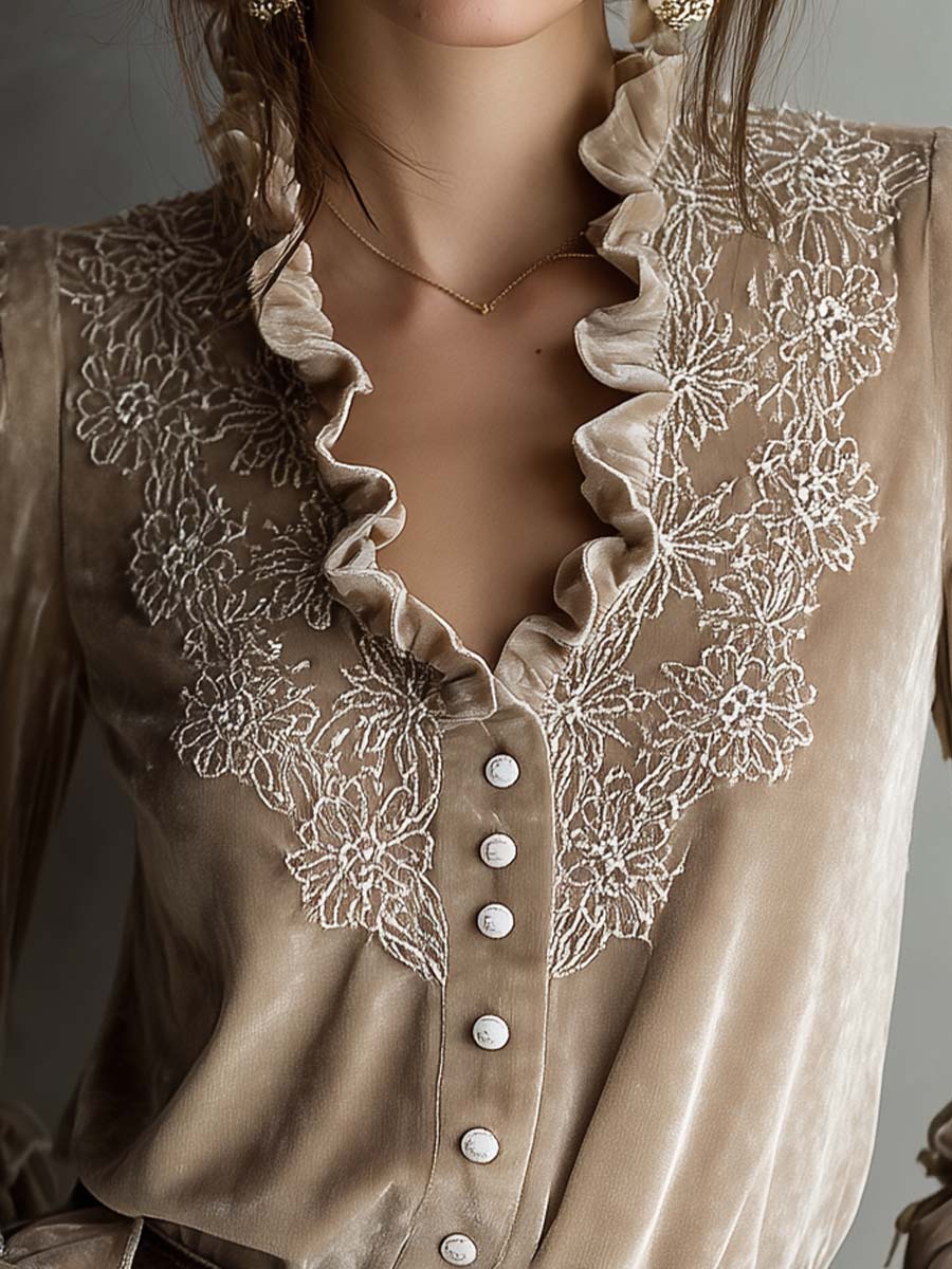 Champagne Beige Floral Embroidered Ruffled Velvet Shirt - Fashionpara