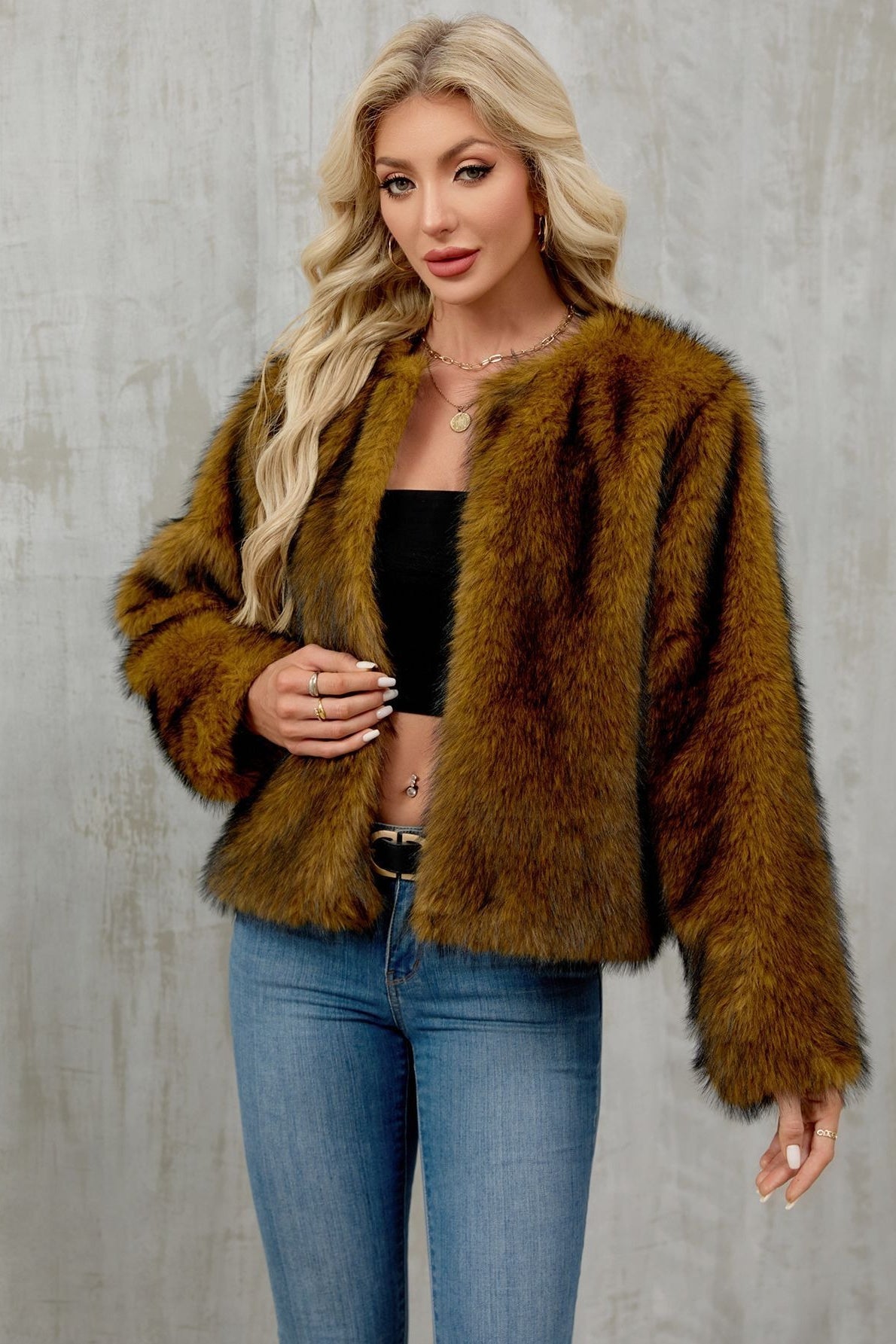 Cropped Faux Fur Zip Coat - Fashionpara