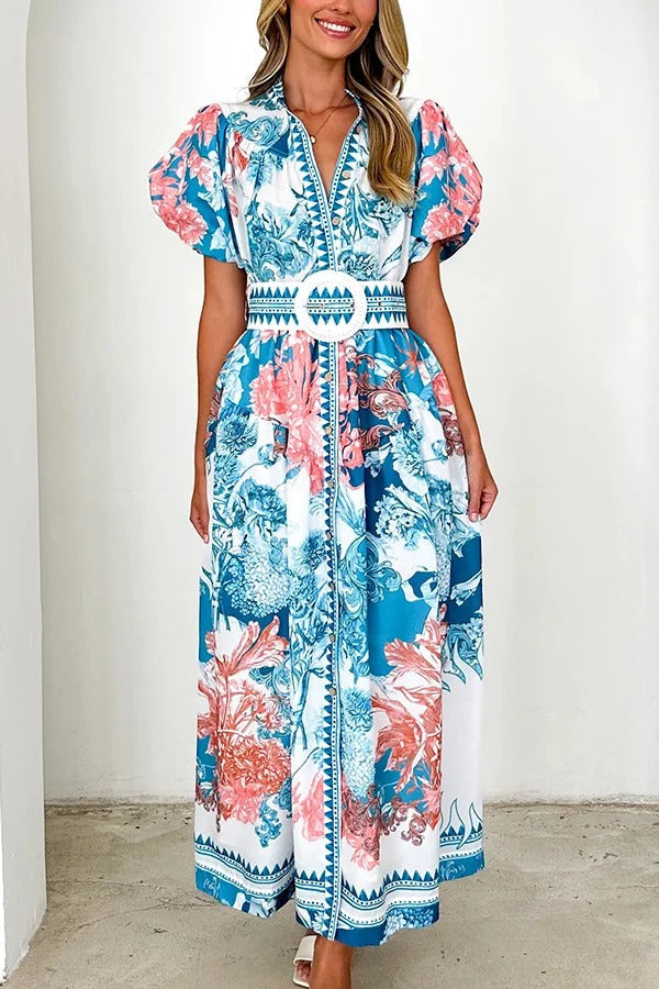 Unique Print Puff Sleeve Button Belt Casual Maxi Dress - Fashionpara
