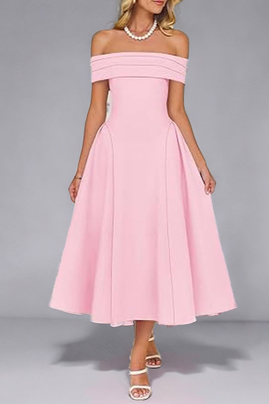 Off-Shoulder Waist-Cinched Solid Party Dress