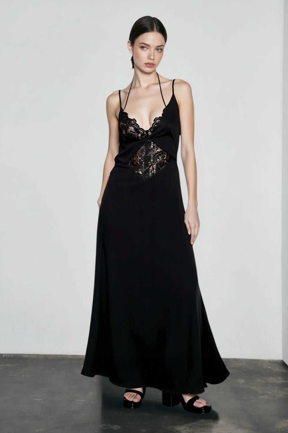 Lace-Trim Satin V-Neck Spaghetti Strap Slip Maxi Dress