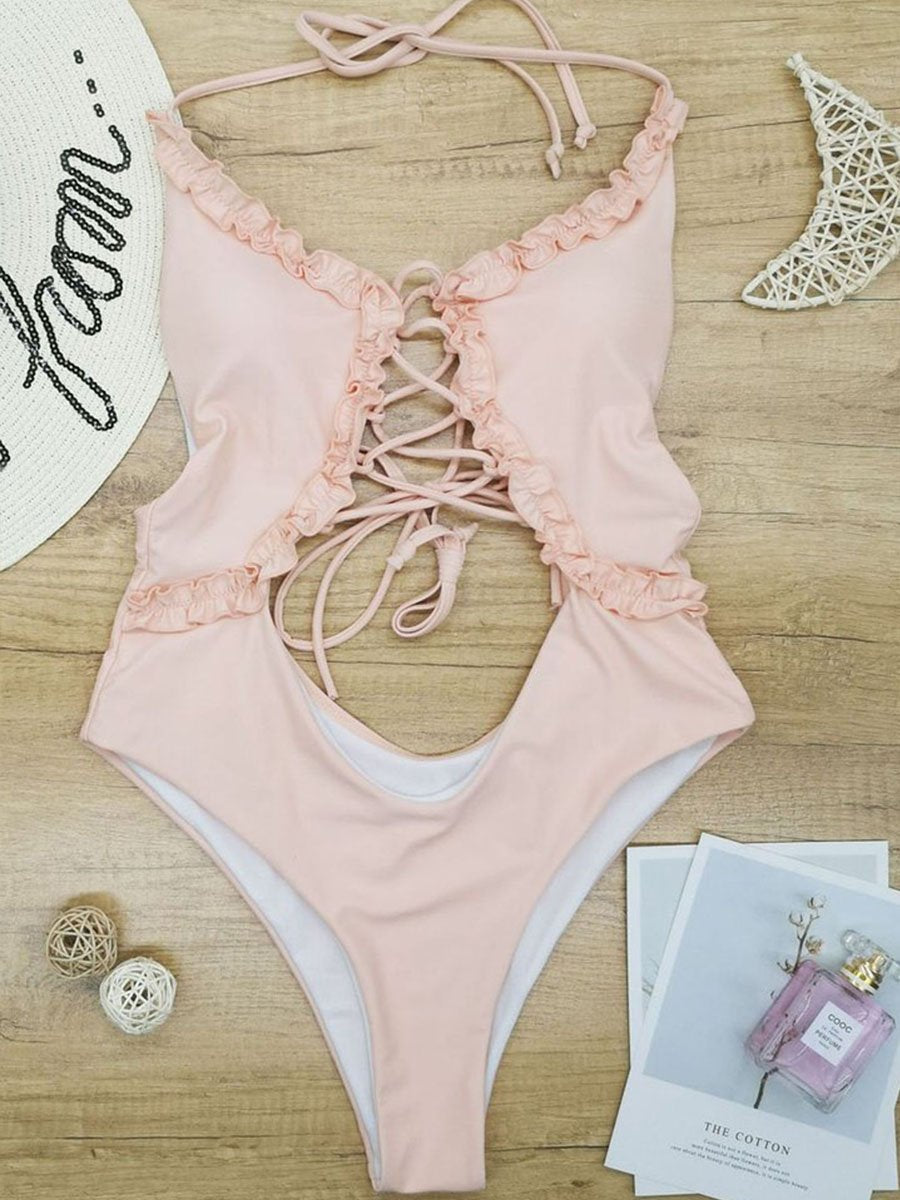 Hollow-out Design Flounce One-piece Swimsuit (2 Colors) - Fashionpara