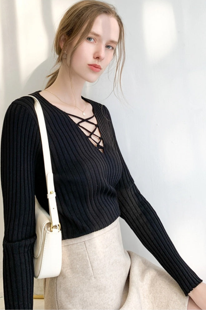 Slim Fit Lace Up V Neck Sweater