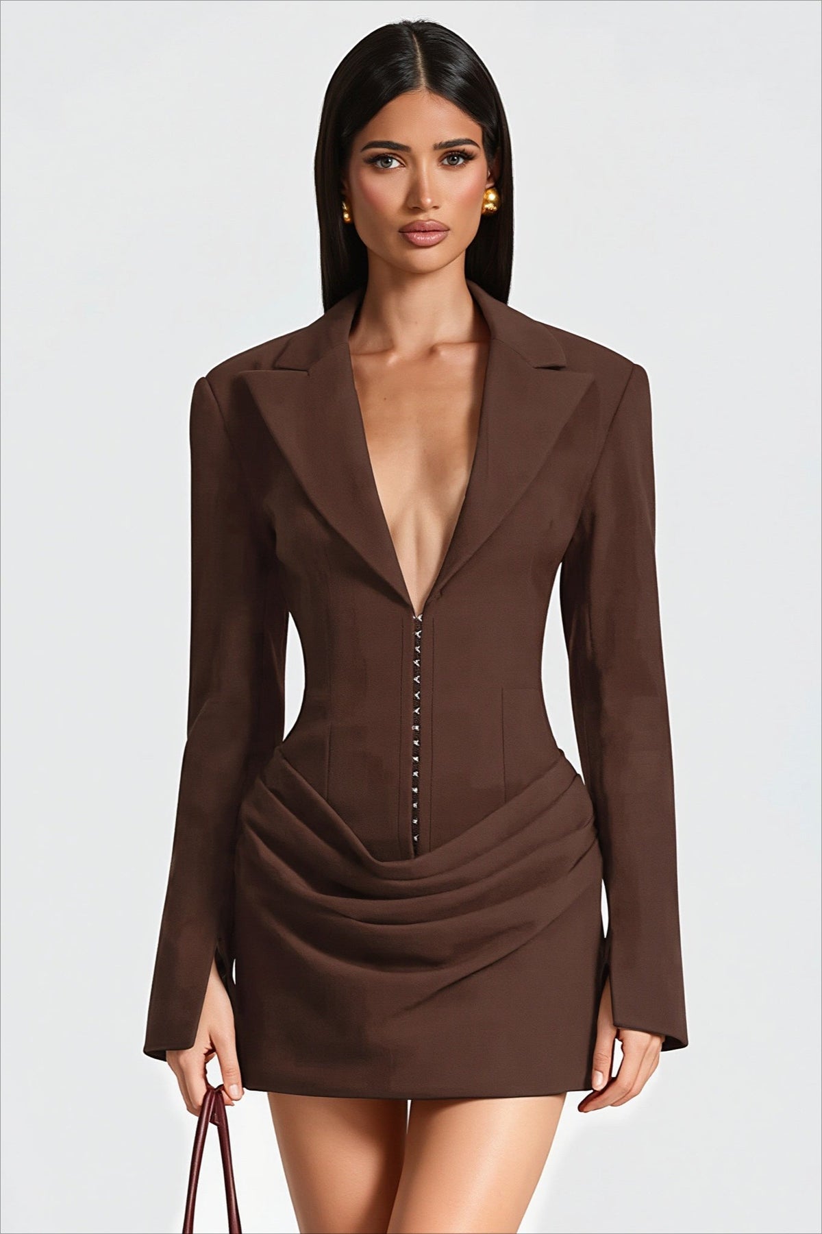 Tailored Plunge Neck Corset Long Sleeve Mini Dress
