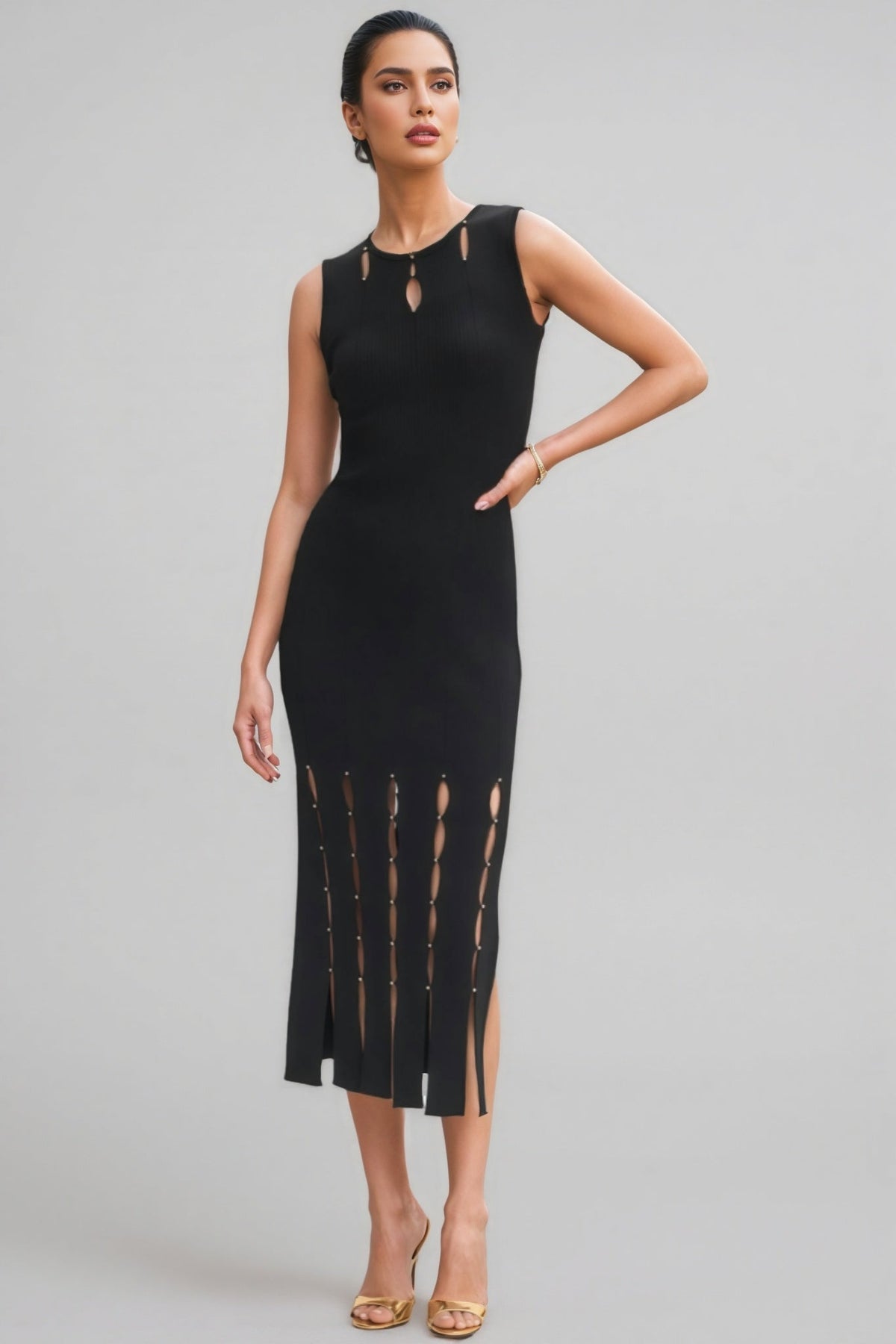 Beaded Openwork Caged Hem Rib Knit Sleeveless Bodycon Midi Dress