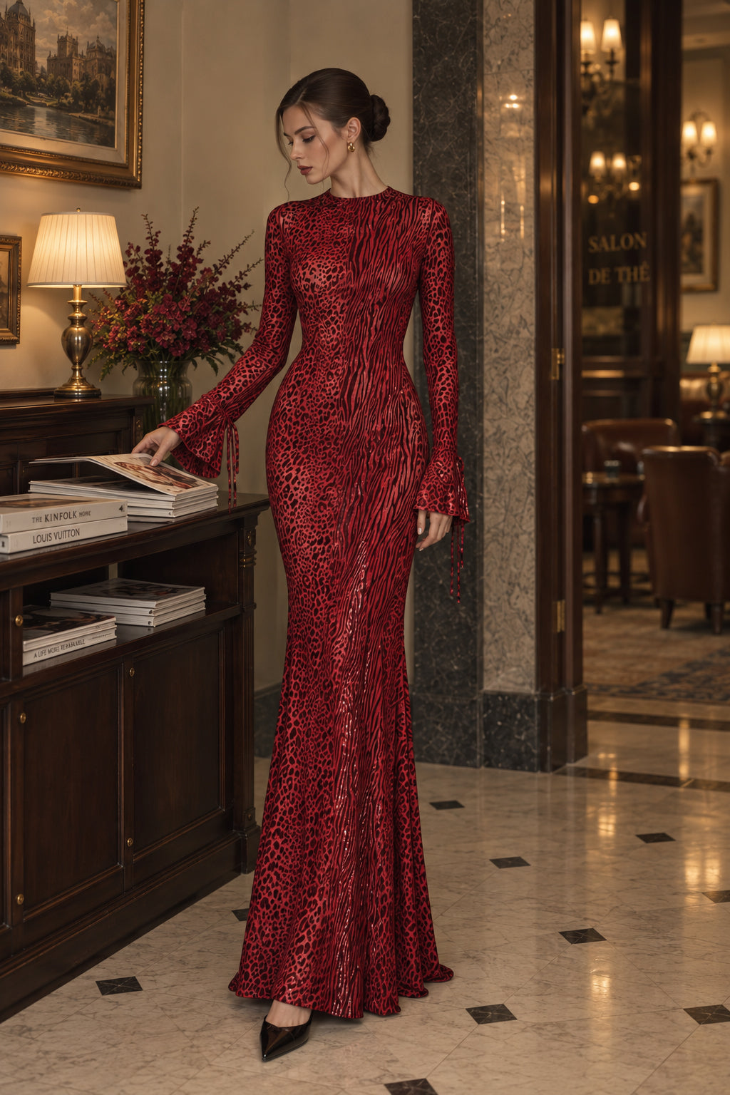 Leopard Print Crew-Neck Flared-Sleeve Mermaid Maxi Gown