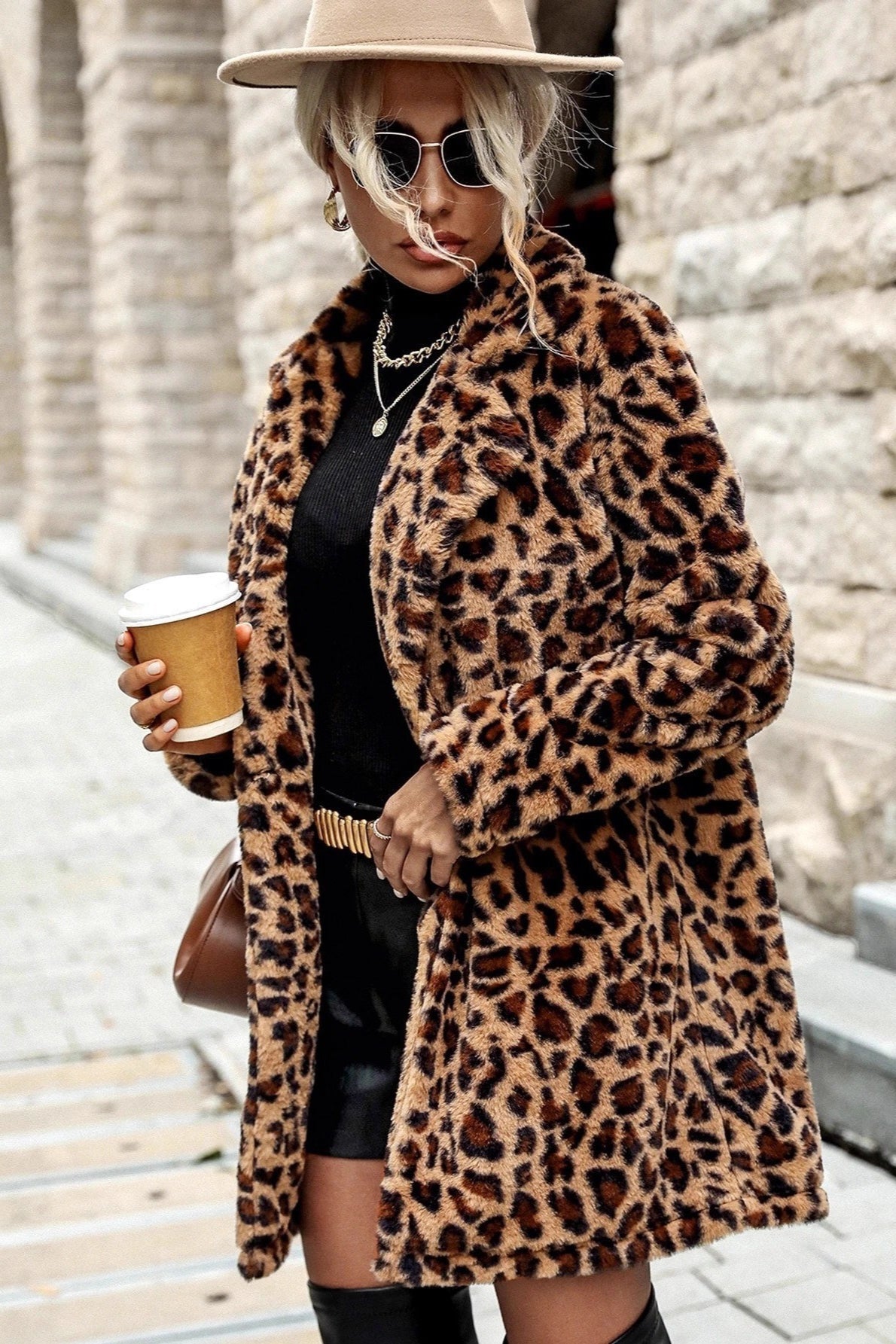 Leopard Print Notch Lapel Plush Overcoat