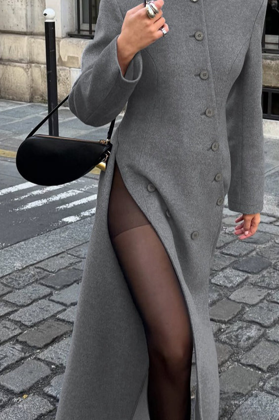 Gray Round Neck Wool Coat - Fashionpara