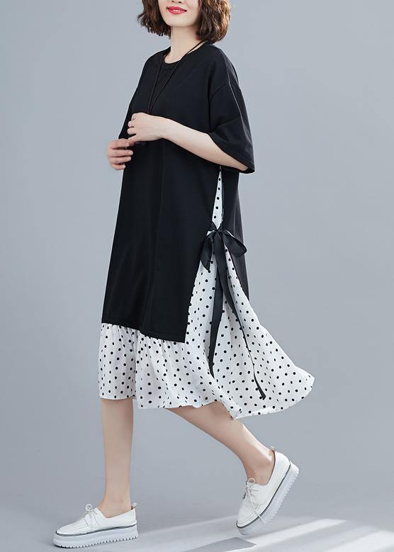 Polka Dot Panel Crew Neck Short Sleeve Side Tie Ruffle Hem Midi Dress - View 3