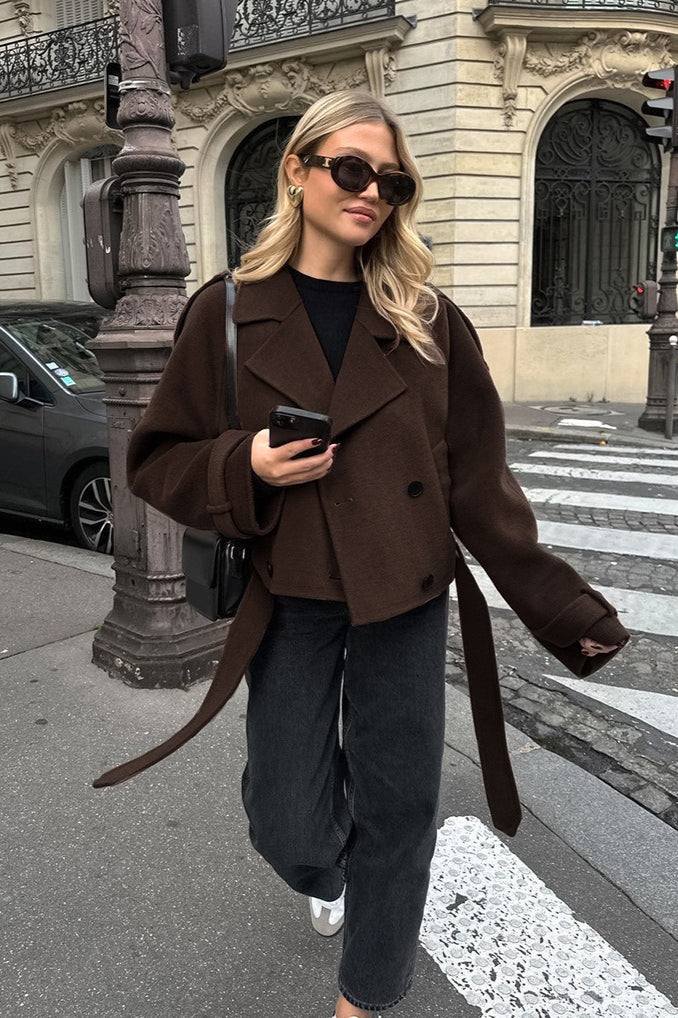 Double Breasted Belted Wool Blend Jacket