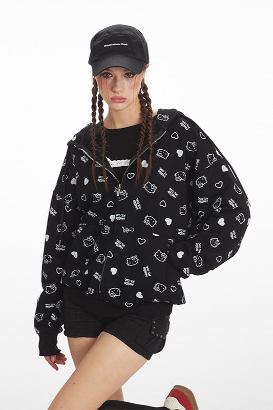 Loose Cat Print Zip Hoodie - Fashionpara