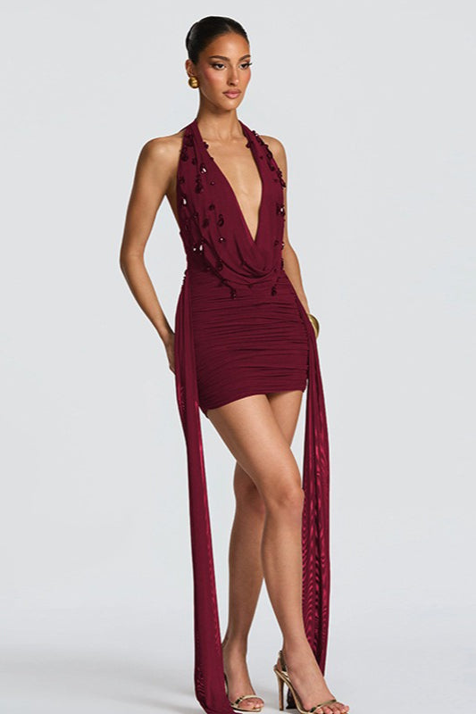 Embellished Halter Neck Plunge Ruched Mini Dress