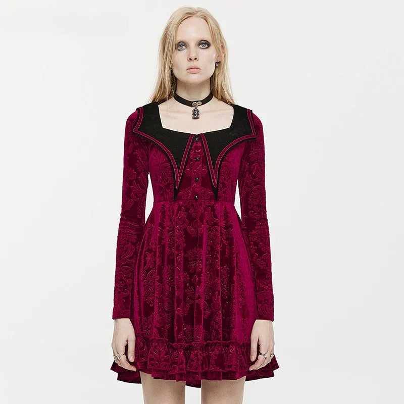 Velvet Embossed Square Neck Long Sleeve Mini Dress